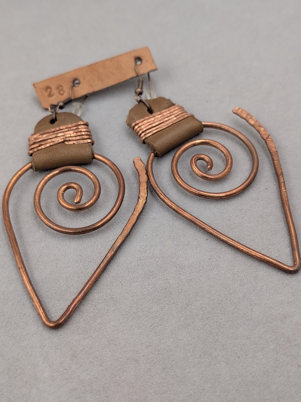 Artisan Copper Spiral Statement Earrings Leather Mixed Media M330